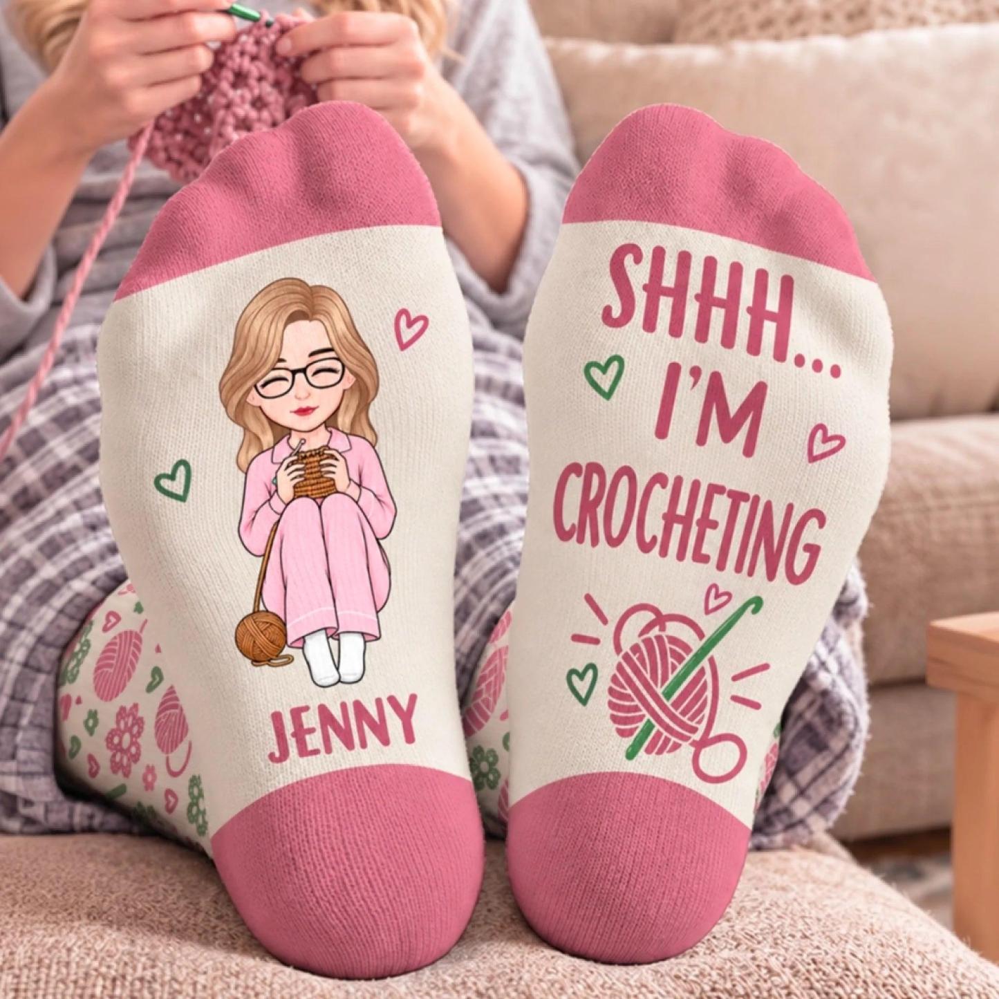 Custom Yarn Crew Socks - Personalized Birthday Gifts For Crochet Knitting Lovers, Crocheters, Knitters, Wife, Daughter, Besties, Sisters, Granddaughter, Grandma, Mom, Yourself - Just One More Row Today - MyFaceSocksAU