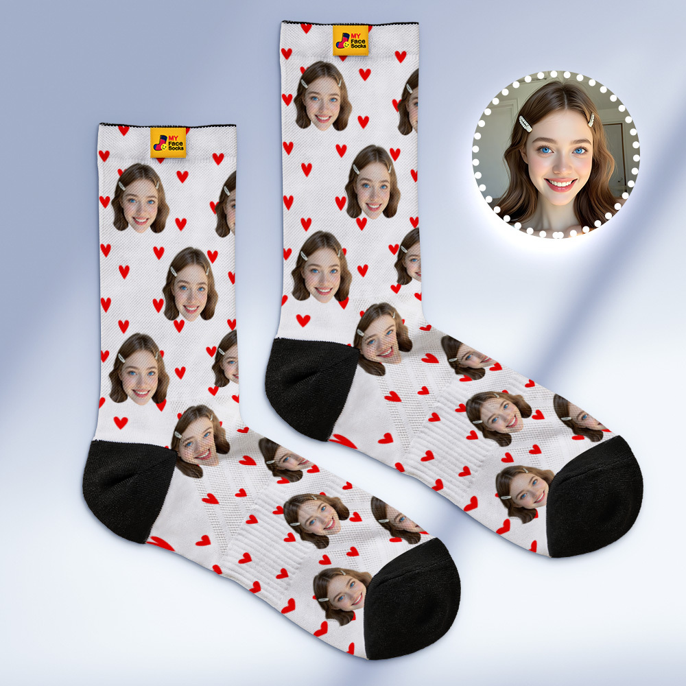 Custom Heart Face Socks Personalized Red Socks with Faces Photo Funny Gift Photo Couple Family Socks - MyFaceSocksAU