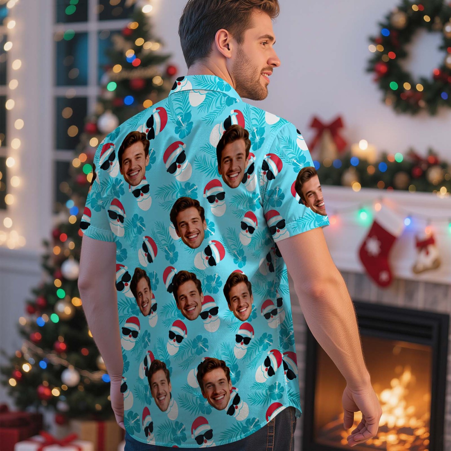 Custom Face Christmas Shirt Green Christmas Ball Hawaiian Shirt Xmas Gift for Family Friends Personalized Face Hawaiian Shirt Gift - MyFaceSocksAU