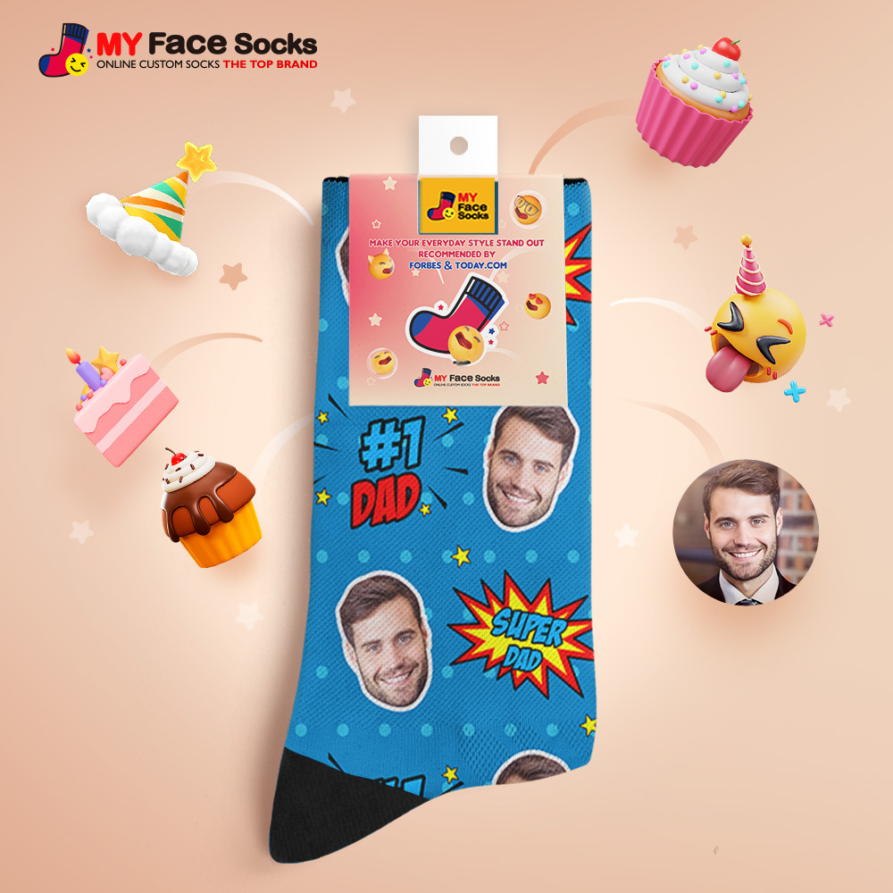 Custom Best Dad Ever Blue Photo Print Socks Colorful  Dad Socks Personalized Custom Design Best Fathers Day Gift - MyFaceSocksAU