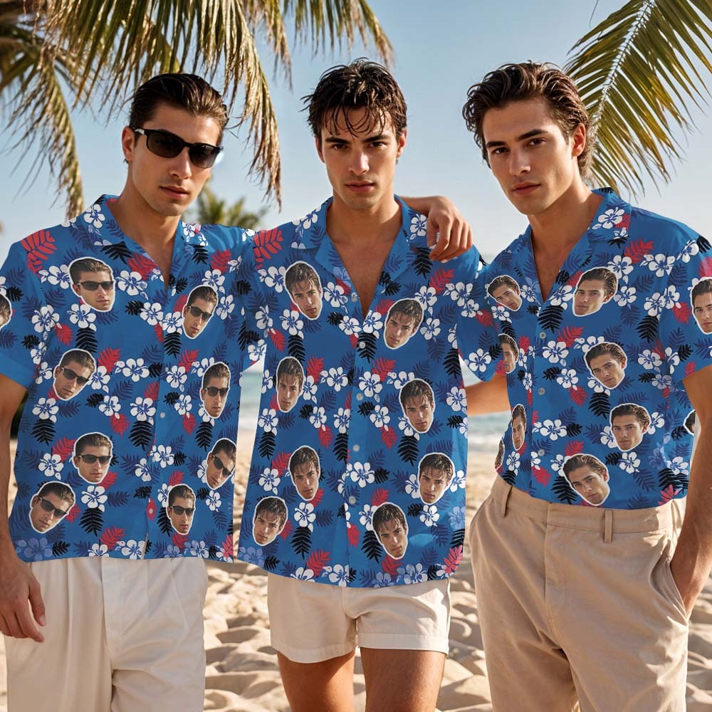 Custom Face Hawaiian Shirt Vibrant Flower Aloha Face Blue Hawaiian Shirt - MyFaceSocksAU