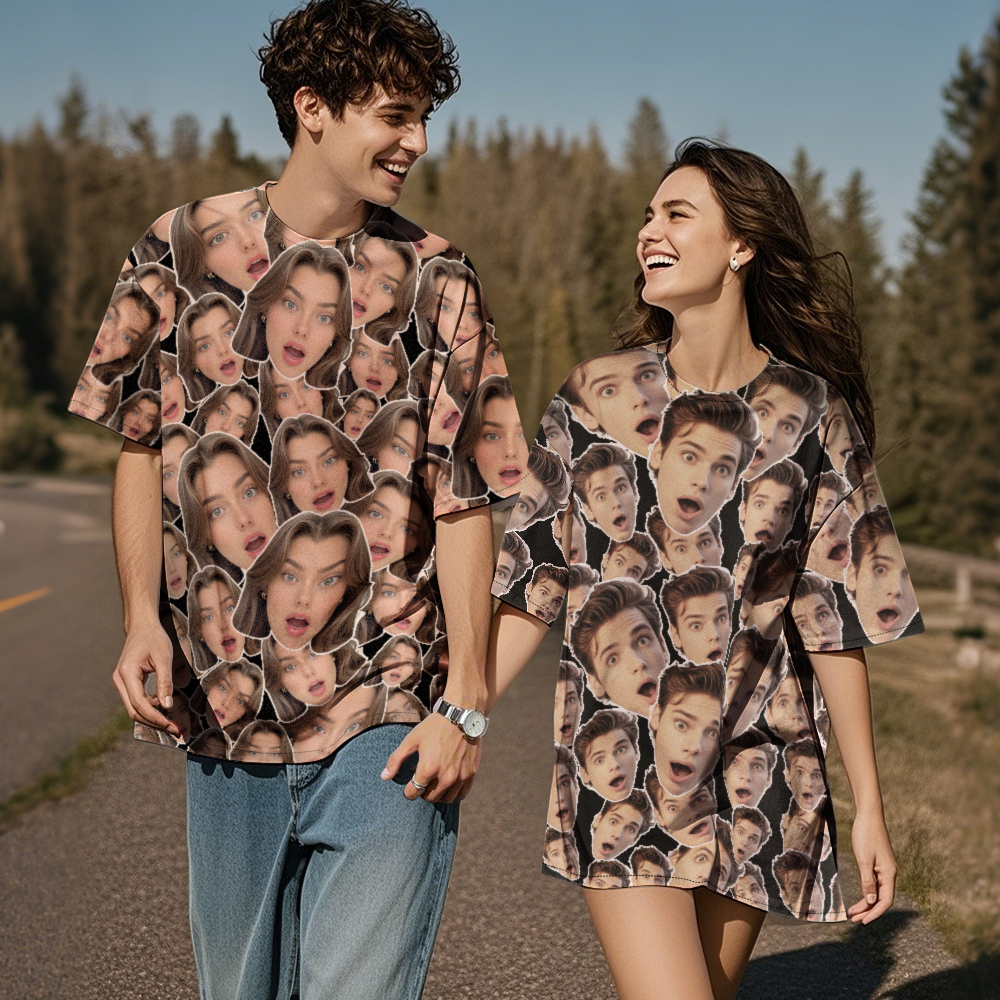 Personalized Mash Face Photo Vintage T-shirts Valentine's Day Theme Grey T-shirt Gifts for Couple - MyFaceSocksAU