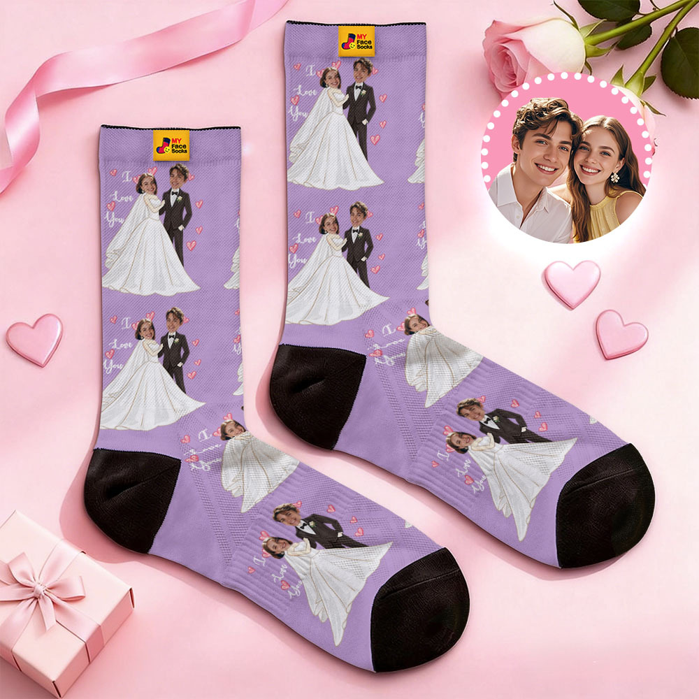 Custom Wedding Theme Purple Face Socks Personalized I Love You Valentine Day Socks with Photo Cute Couple Gift - MyFaceSocksAU