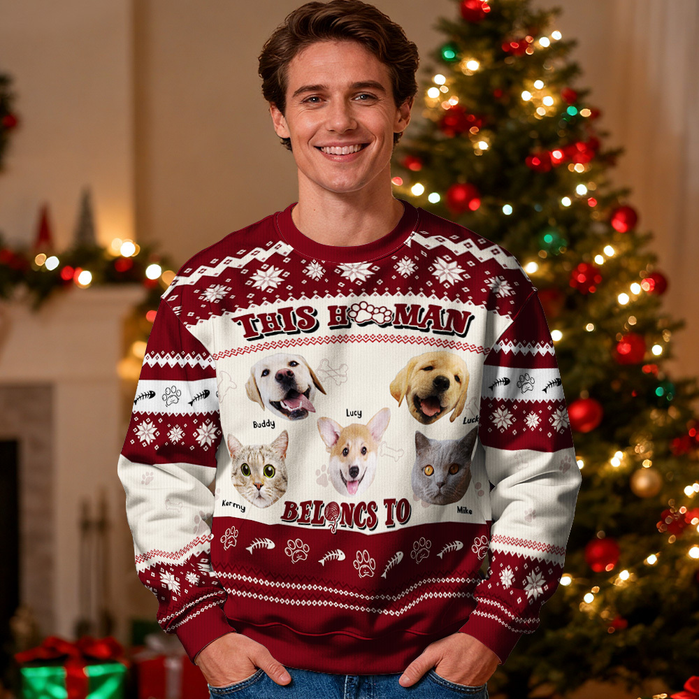 Custom Face Round Neck Hoodie Personalized Custom Photo Black Christmas Gifts For Family Cute Pet Face Sweater Xmas Leds Unisex Hoodies - MyFaceSocksAU