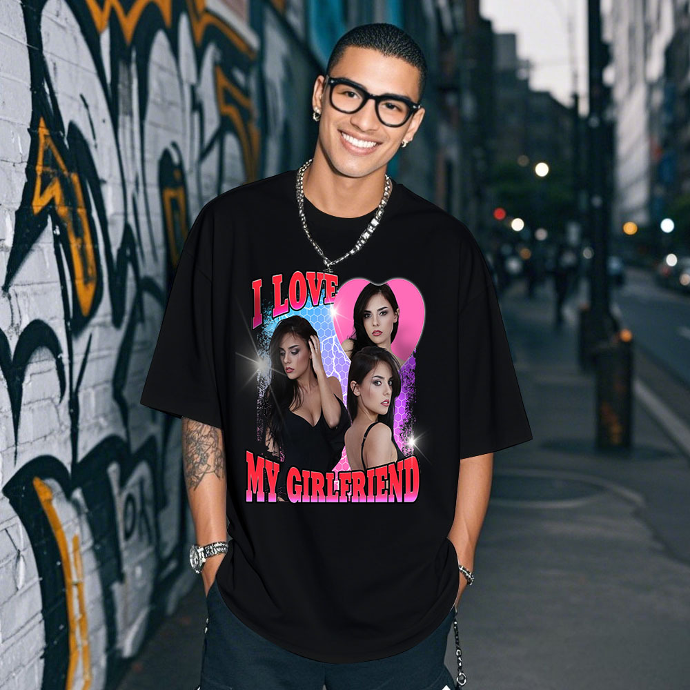 Custom Photo Tee Personalized Photo T Shirt I LOVE MY GIRLFRIEND Heart Couple Anniversary Valentine Gift - MyFaceSocksAU
