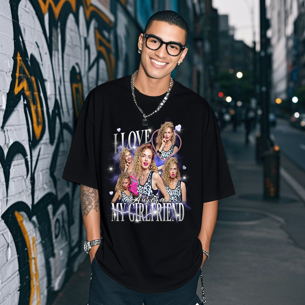Custom Photo Tee Personalized Photo T Shirt I LOVE MY GIRLFRIEND Heart Couple Anniversary Valentine Gift - MyFaceSocksAU