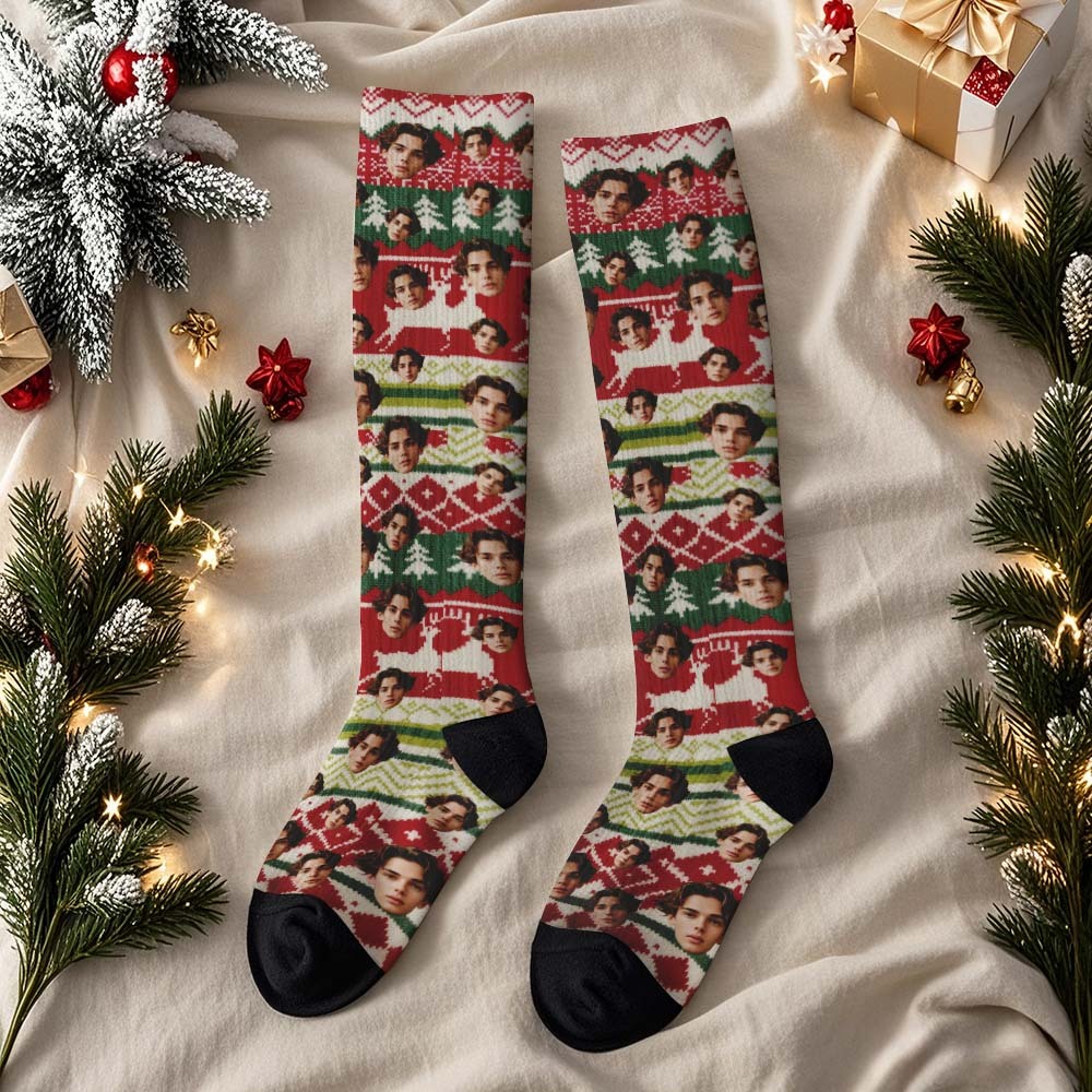 Personalized Face Knee High Socks Custom Vintage Socks Merry Christmas for Lover Christmas Gifts - MyFaceSocksAU
