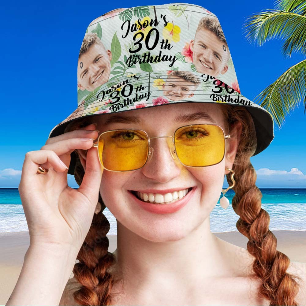 Custom Face Birthday Pink Bucket Hat Unisex Face Personalized Outdoor Summer Age and Birthday Hawaiian Hats Gift - MyFaceSocksAU
