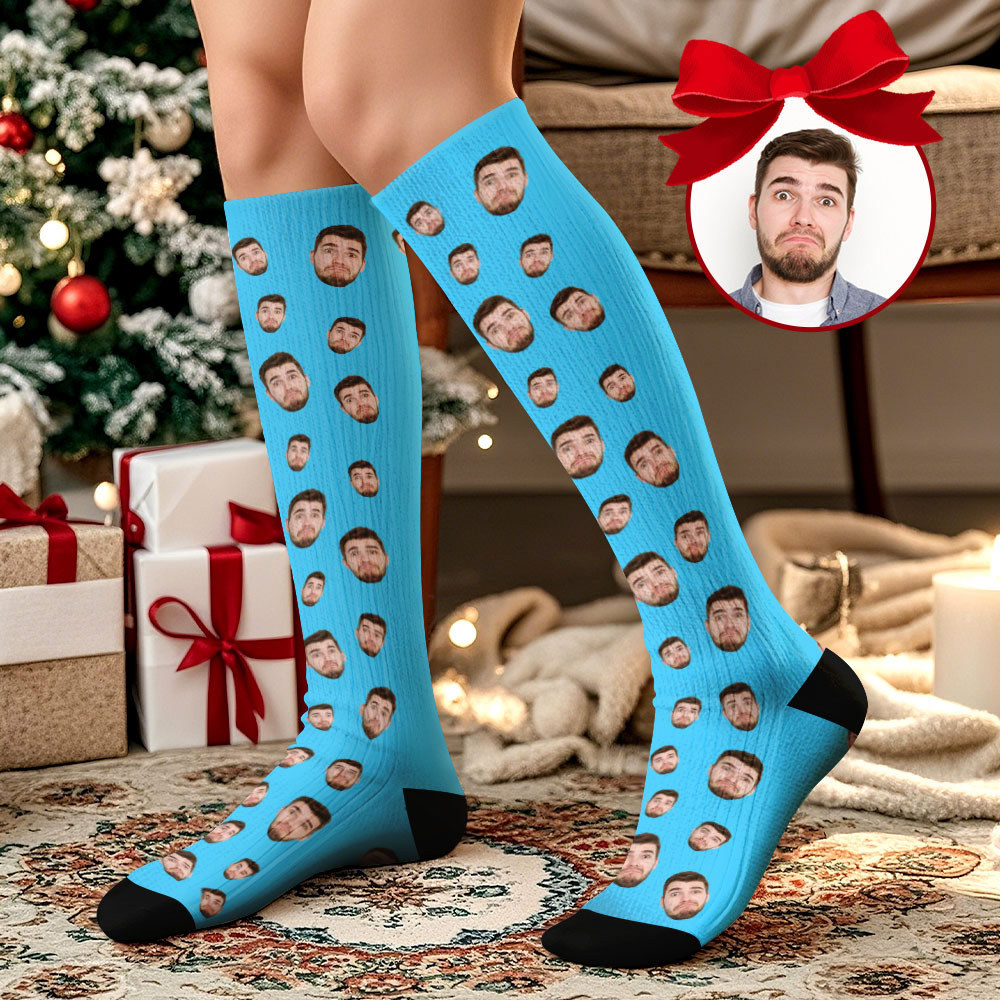 Custom Face Knee High Socks Personalized Socks Merry Christmas Socks - MyFaceSocksAU