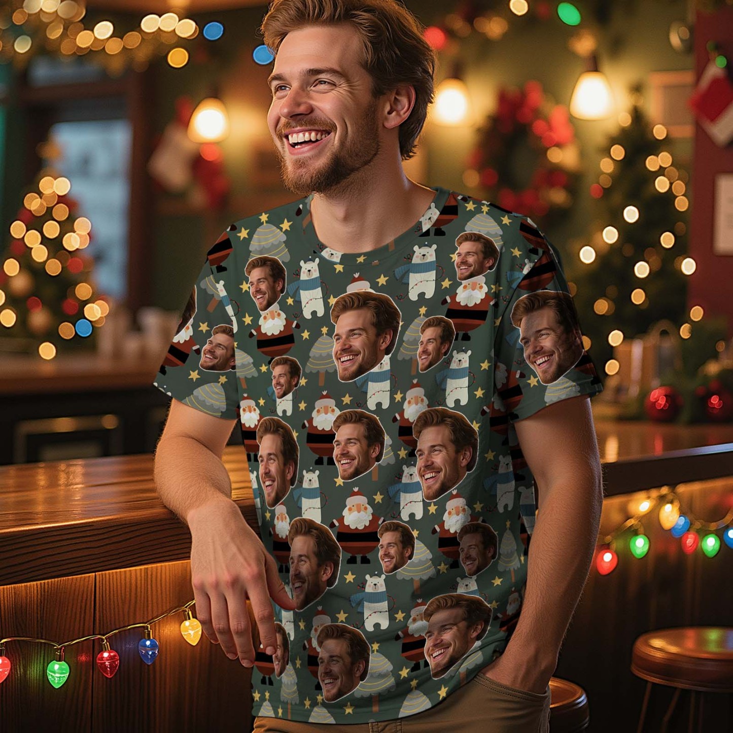 Custom Christmas T-Shirt with Photo Red Snowflakes Santa Claus Personalized Holiday Tee for Family Friends Couples Christmas Gift - MyFaceSocksAU