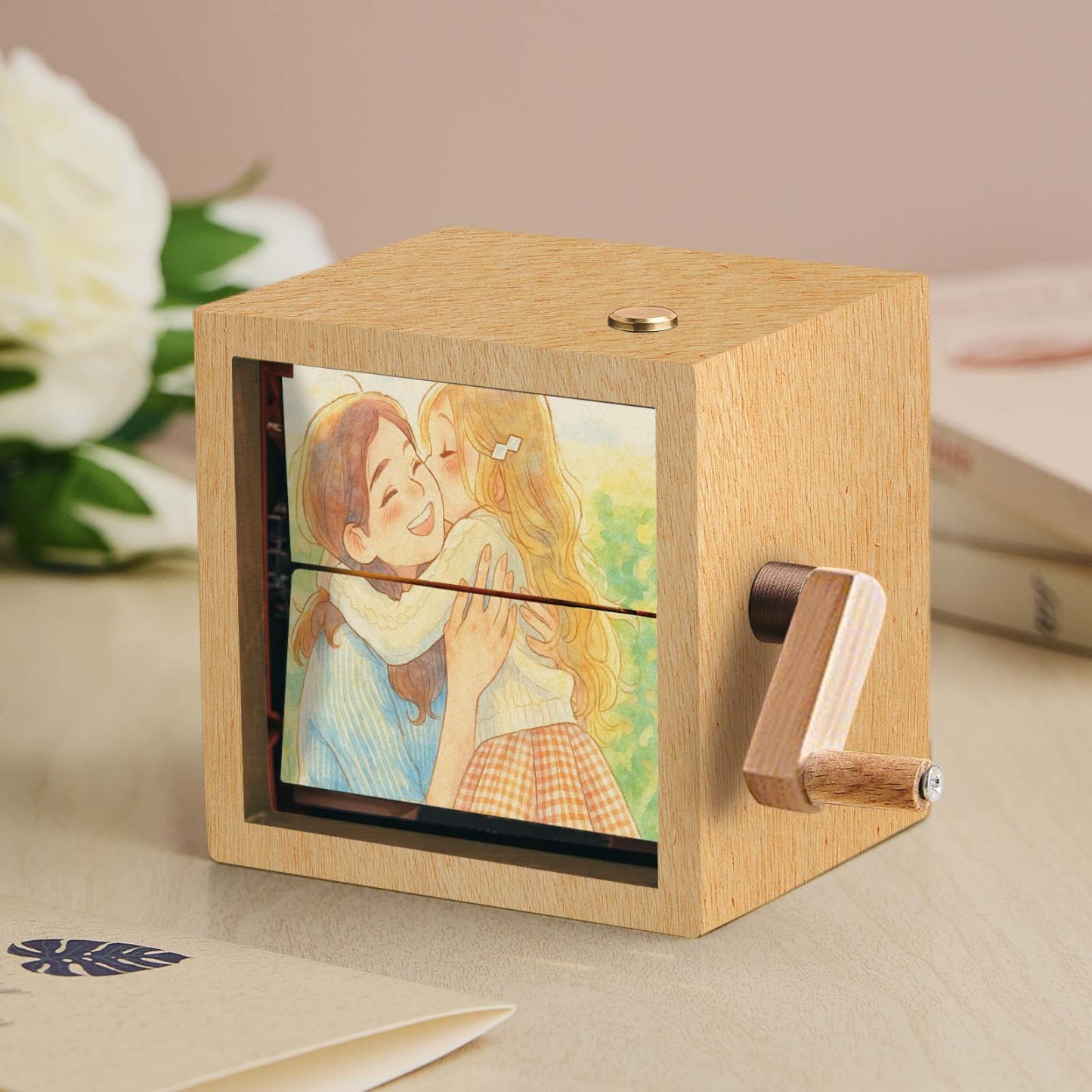 Custom Anime Hand-Crank Flipbook Box Mechanical Hand-cranked Photo Album with Light Walnut Baby Photo Cube Frame Creative Gifts - MyFaceSocksAU