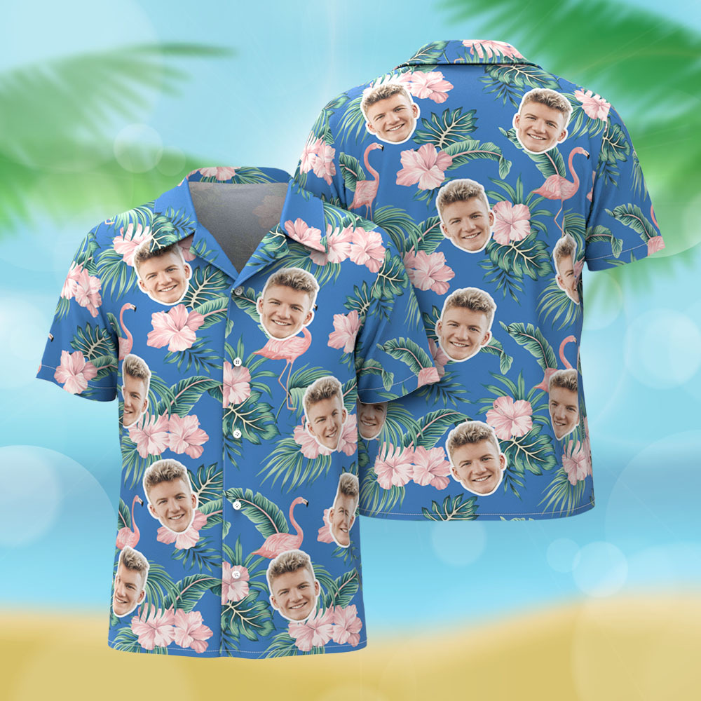 Custom Face Hawaiian Shirt Pink Flamingo Blue Hawaiian Shirt Tropical Men Summer Face Gift - MyFaceSocksAU
