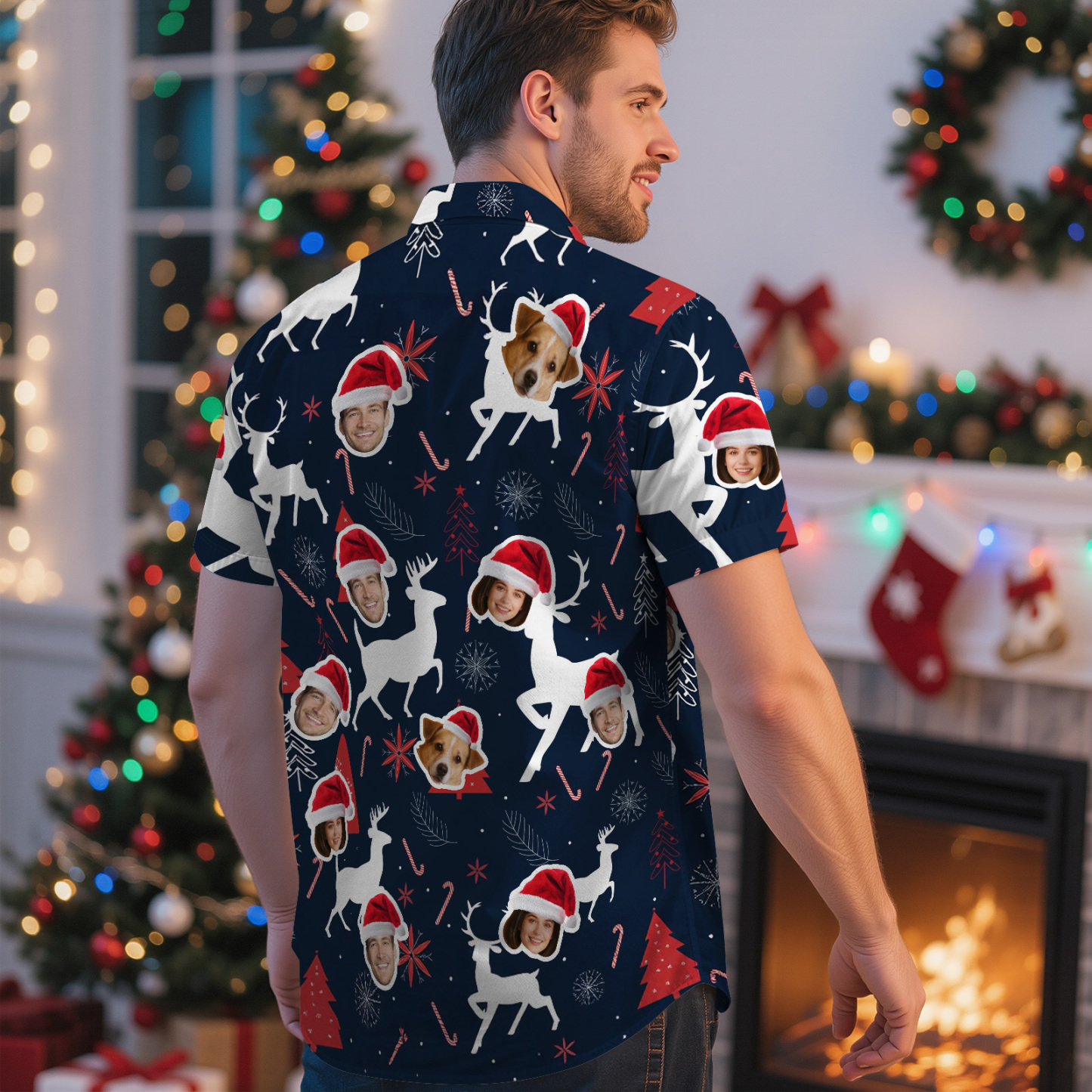 Custom Christmas Reindeer Hawaiian Shirt Merry Christmas Face Hawaiian Shirt Gift for Family Friends Xmas Gift - MyFaceSocksAU