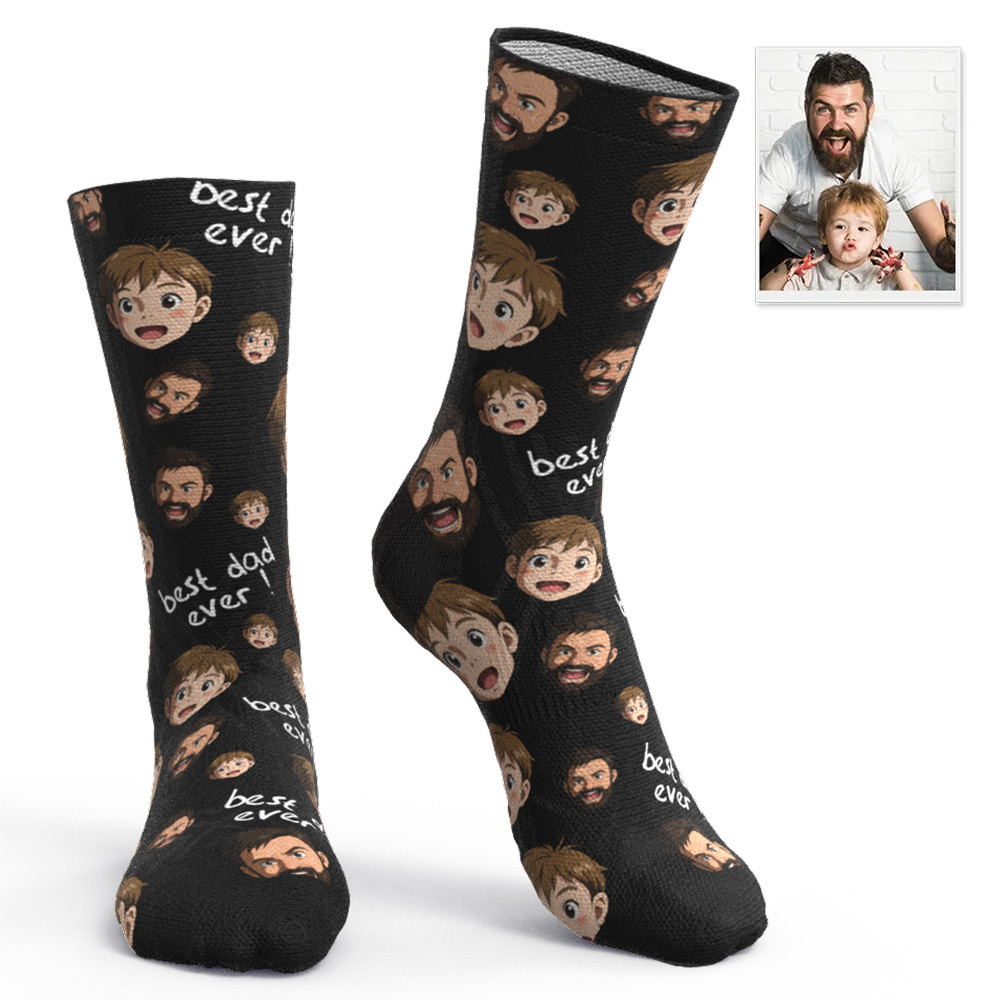 Custom Cartoon Dad Photo Print Socks Colorful Grey Blue Socks Personalized Custom Design Best Fathers Day Gift - MyFaceSocksAU