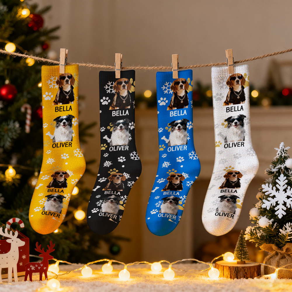 Personalized Pet Photo Christmas Socks Custom Pet Name Multiple Colors Available - MyFaceSocksAU