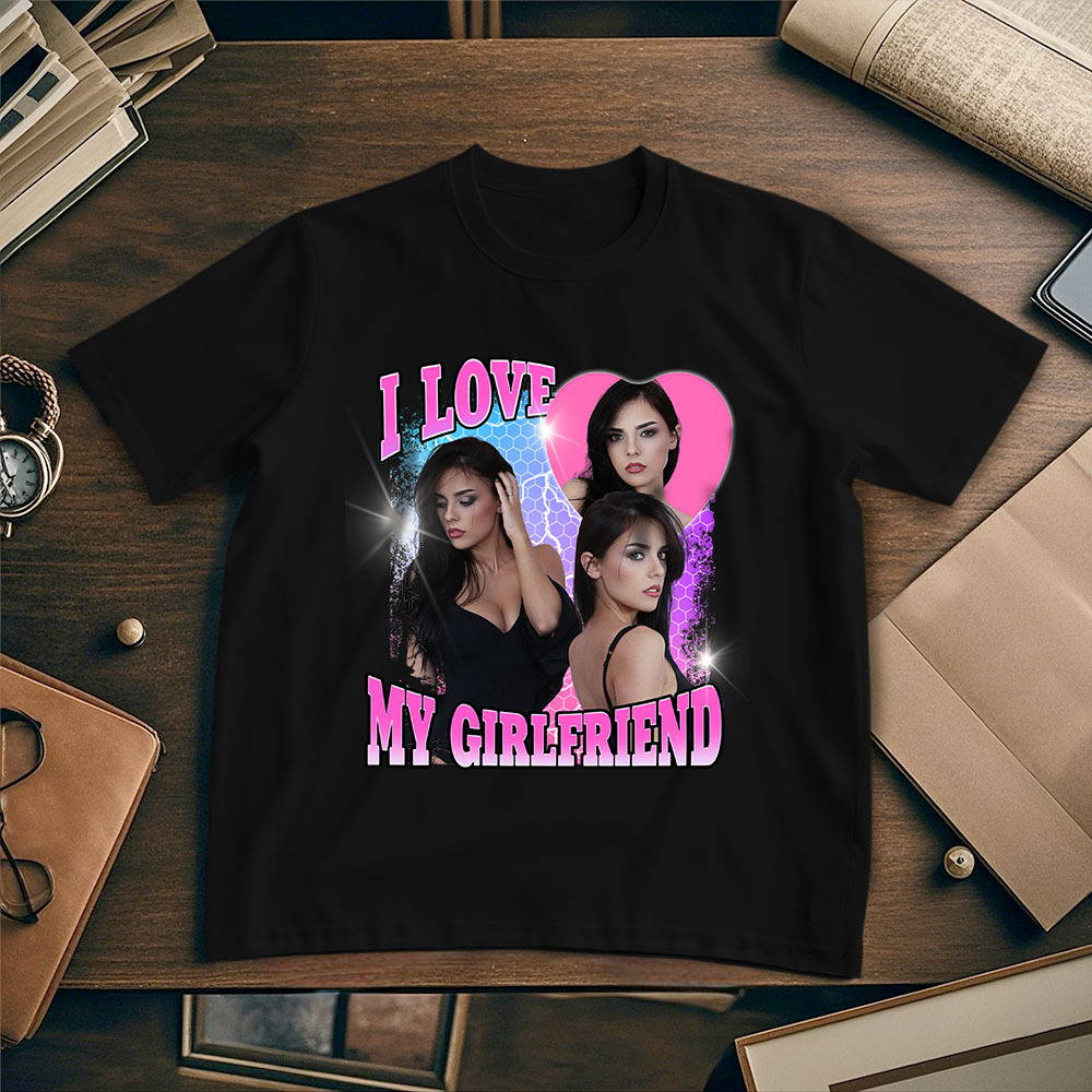 Custom Photo Tee Personalized Photo T Shirt I LOVE MY GIRLFRIEND Heart Couple Anniversary Valentine Gift - MyFaceSocksAU