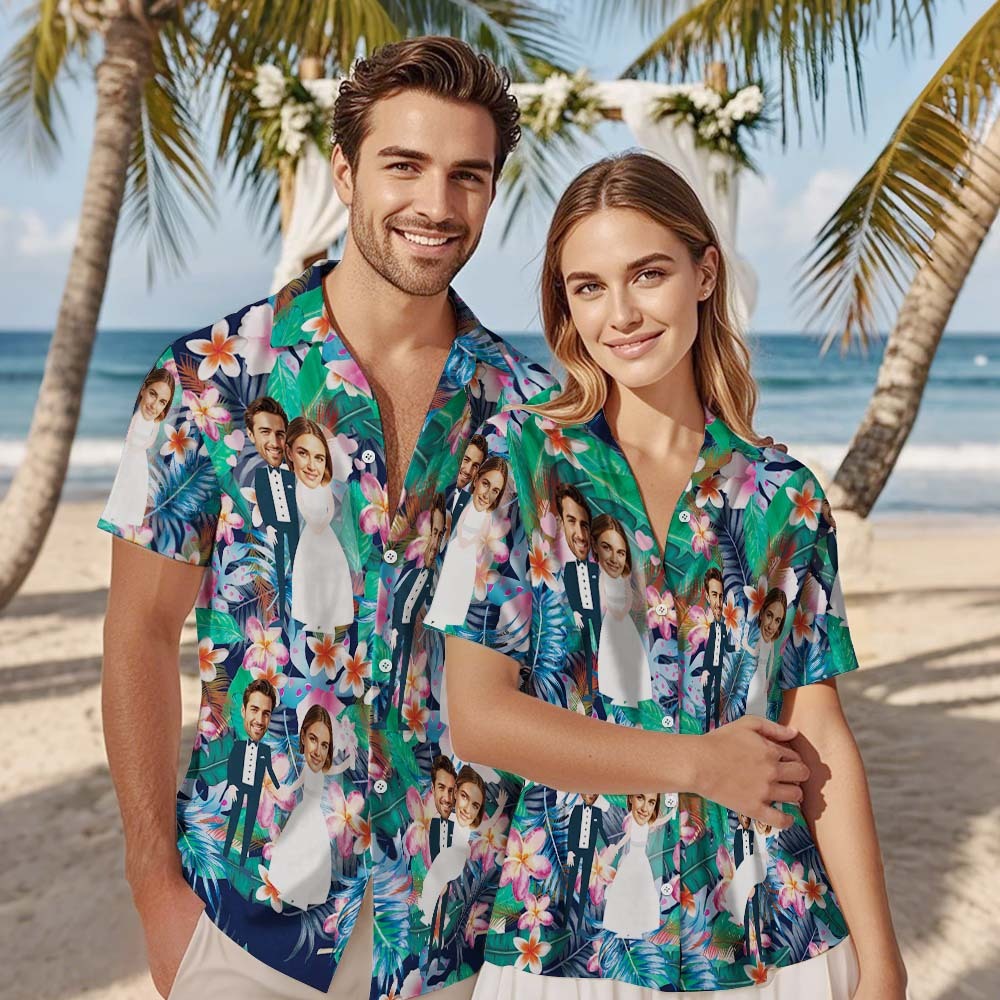 Personalized Face Hawaiian Shirt Wedding Tropical Coconut Leaves Face Hawaiian Shirt Wedding Favor - MyFaceSocksAU