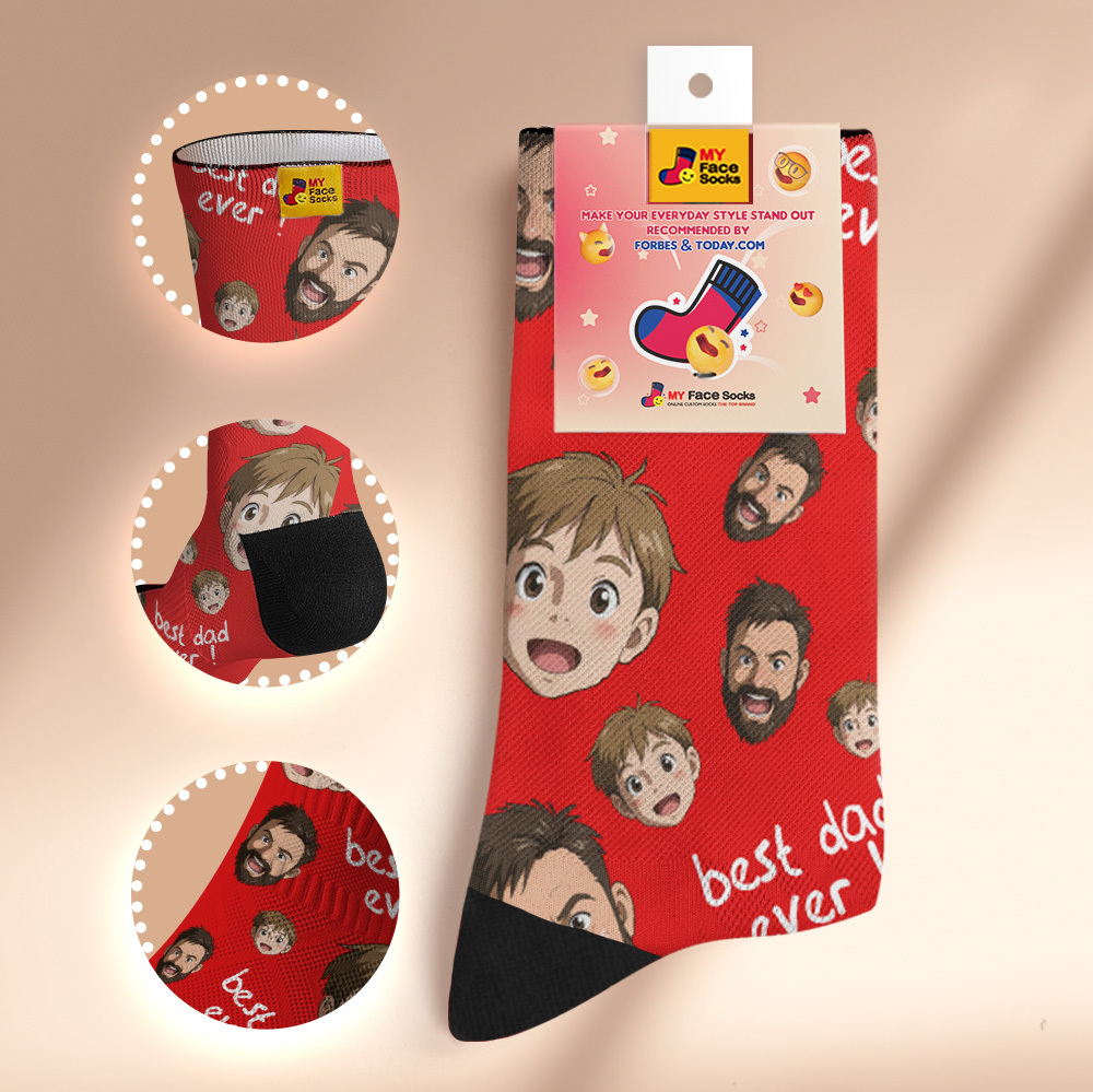 Custom Cartoon Dad Photo Print Socks Colorful Grey Blue Socks Personalized Custom Design Best Fathers Day Gift - MyFaceSocksAU