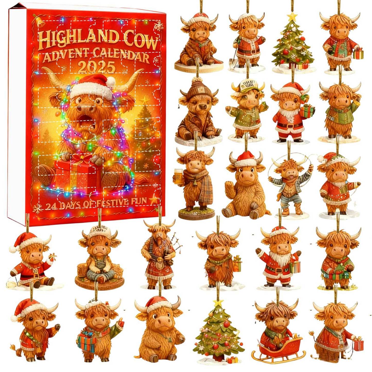 Scottish Highland Cow Advent Calendar | Christmas Countdown Blind Box Ornaments | 3D Acrylic & Rubber Tree Decorations | Holiday Gift for Family & Kids