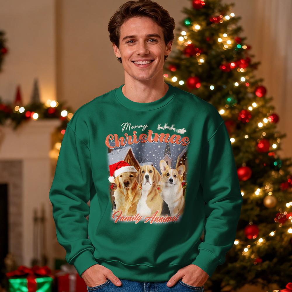 Custom Face Round Neck Hoodie Custom Your Pet Retro Vintage Portrait Green Christmas Sweatshirt - MyFaceSocksAU