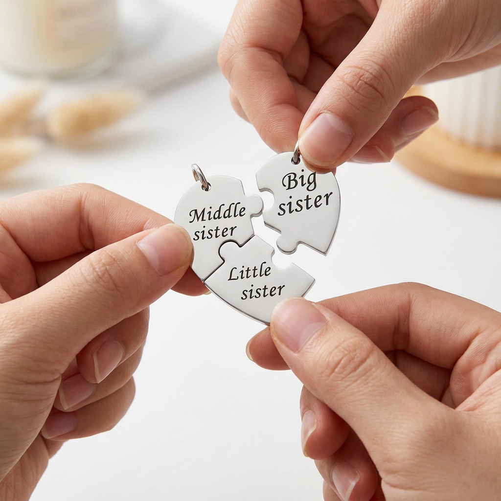 Custom Stainless Steel Puzzle Heart Keychain Set – Big Sister, Middle Sister, Little Sister Engraved Family Bond Gift - MyFaceSocksAU