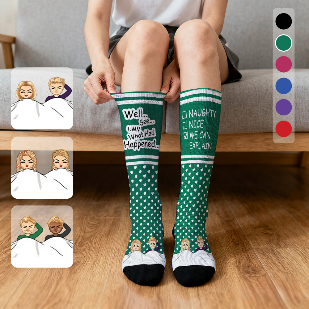 Custom Face Compression Socks Personalized Knee High Socks Green Cartoon Socks We Can Explain Gift For Couple Lover Valentine's Day Gift