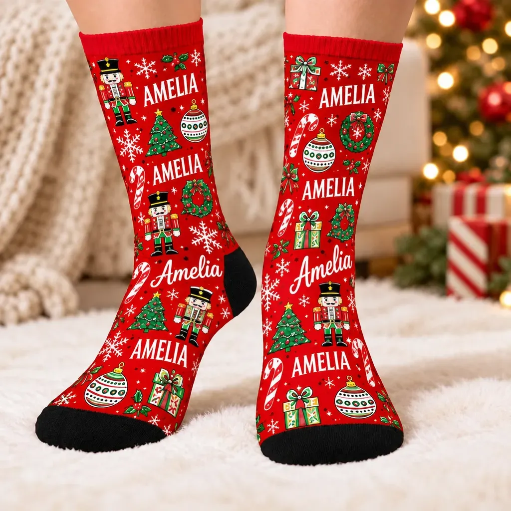 Personalized Christmas Crew Socks for Women & Men – Festive Holiday Gift with Name, Gingerbread & Candy Cane Design - MyFaceSocksAU