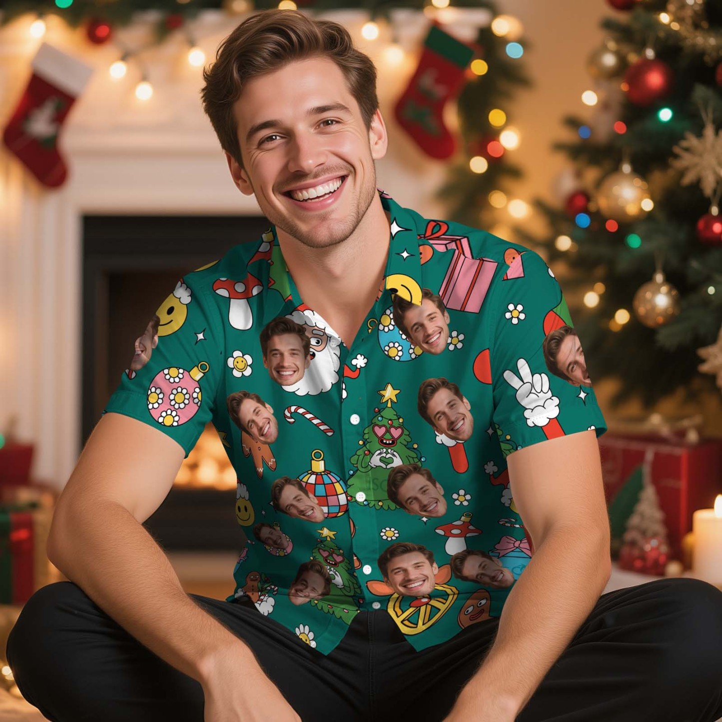 Custom Funny Green Santa Face Shirt Personalized Men Hawaiian Shirt With Face Photo Hawaiian Shirt Aloha Shirt Christmas Gift - MyFaceSocksAU