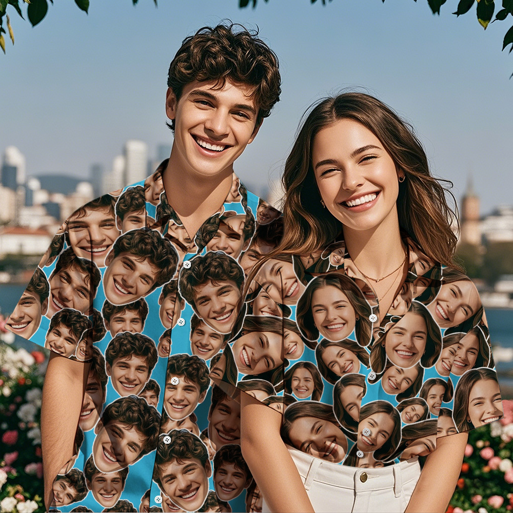 Personalized Mash Face Hawaiian Shirt Valentine Hawaiian Shirt Face Black Hawaiian Shirt for Couple - MyFaceSocksAU