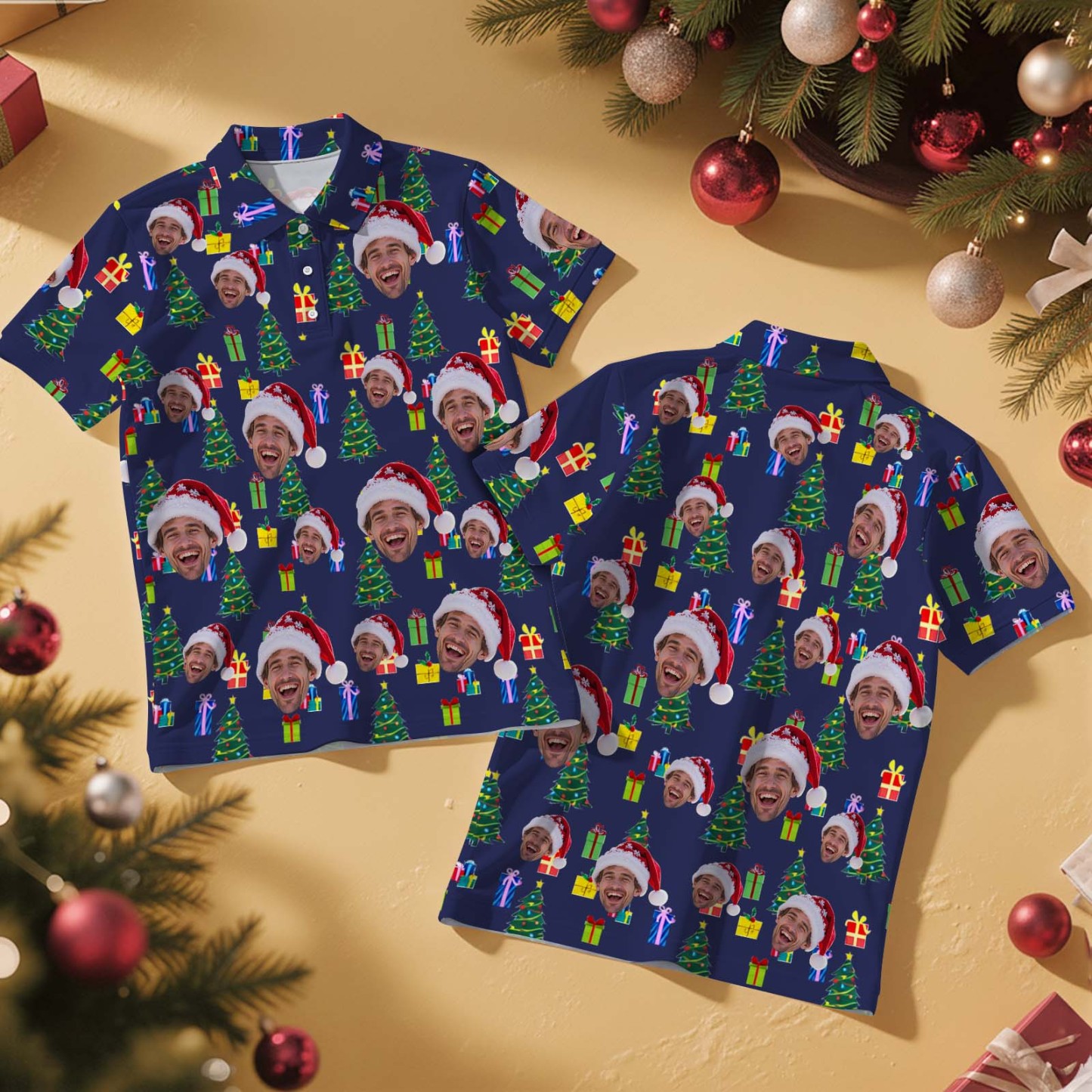 Personalized Christmas Light Tree Polo Shirt Festive Holiday Polo for Men Custom Face Christmas Tree Polo Shirt - MyFaceSocksAU