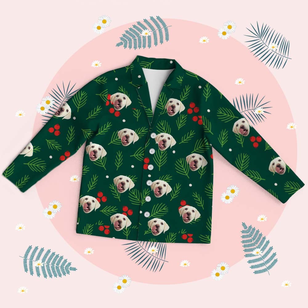 Custom Green Palm Tree Leaves Christmas Face Long Sleeve Pajamas Face Pajamas with Pet Face Personalized Photo Pajamas Gift - MyFaceSocksAU