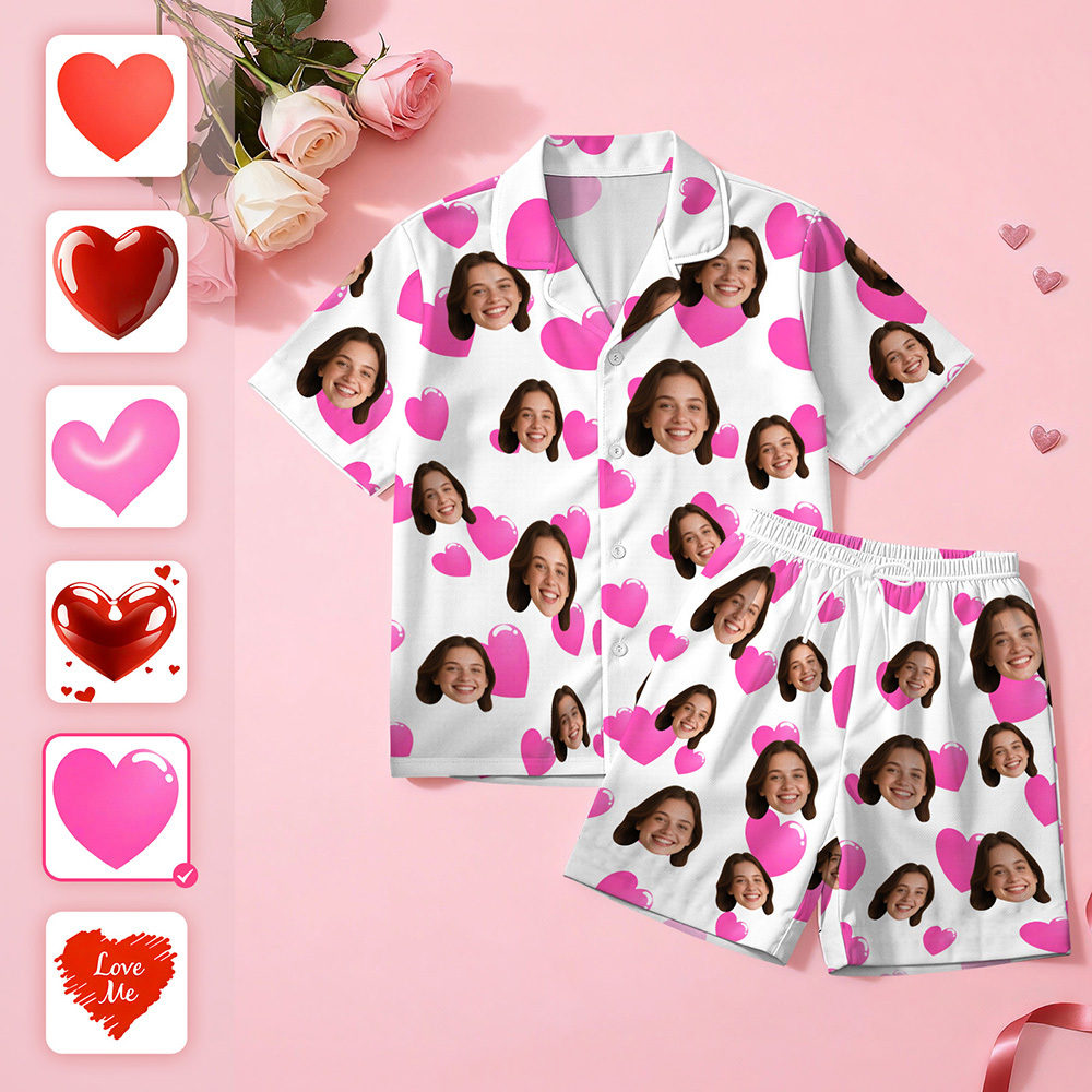 Custom Face Short Sleeve Pajamas Personalised Heart Face Couple Sleepwear Valentine Love Gifts For Her - MyFaceSocksAU