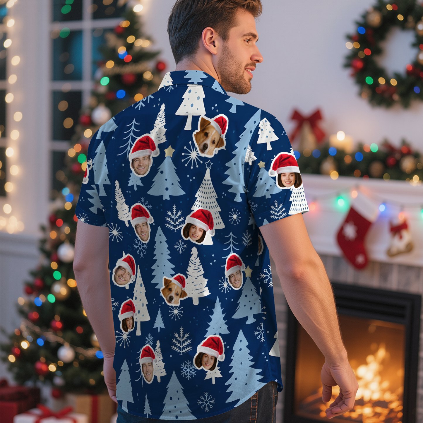 Custom Christmas Reindeer Hawaiian Shirt Merry Christmas Face Hawaiian Shirt Gift for Family Friends Xmas Gift - MyFaceSocksAU