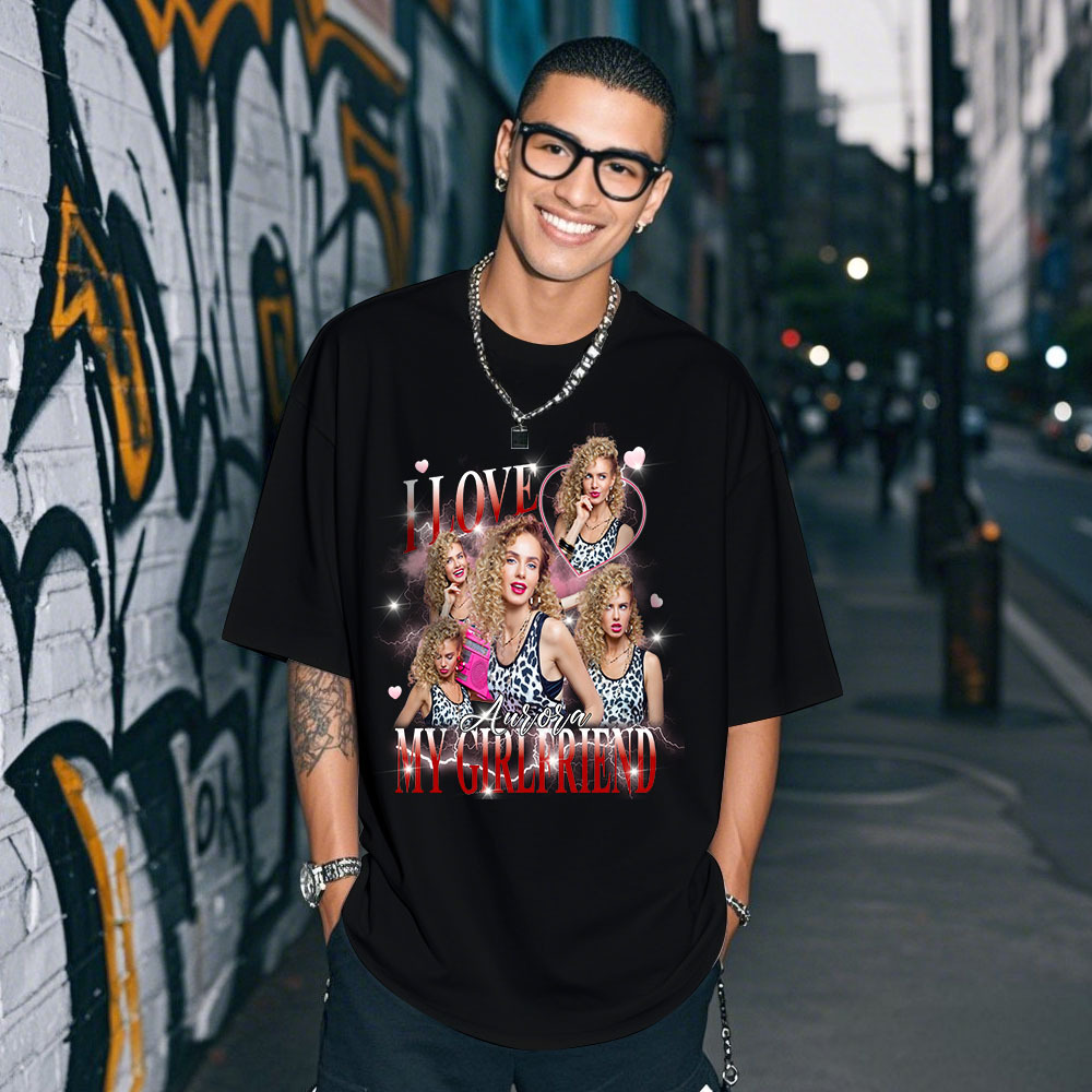 Custom Photo Tee Personalized Photo T Shirt I LOVE MY GIRLFRIEND Heart Couple Anniversary Valentine Gift - MyFaceSocksAU