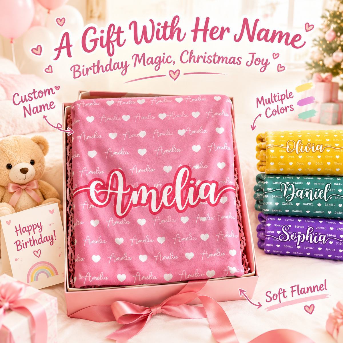 Personalized Fleece Blanket for Kids  Birthday Gift with Name & Hearts, Cozy Sherpa Throw for Girls and Boys Christmas Gift - MyFaceSocksAU