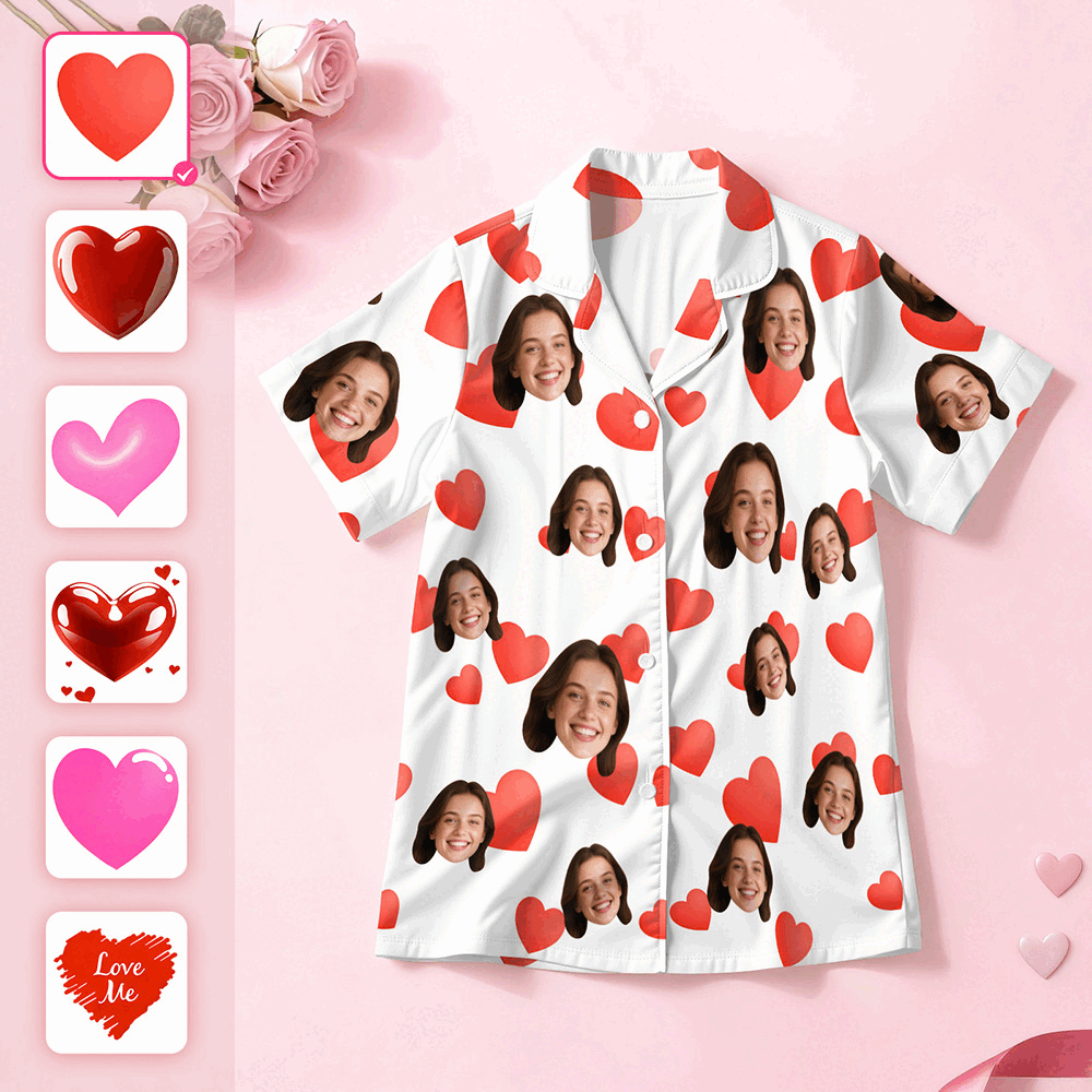 Custom Face Short Sleeve Pajamas Personalised Heart Face Couple Sleepwear Valentine Love Gifts For Her - MyFaceSocksAU