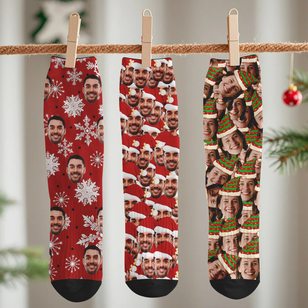Custom Christmas Socks Personalized Face Socks DIY Socks Background Face Socks Gift For Family Couple - MyFaceSocksAU