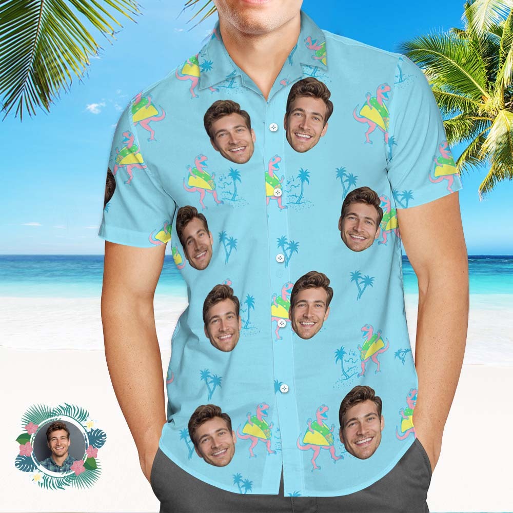 Custom Hawaiian Shirts Personalized Tropical Blue Cute Little Dinosaur Hawaiian Shirts Beach Vacation Gifts - MyFaceSocksAU