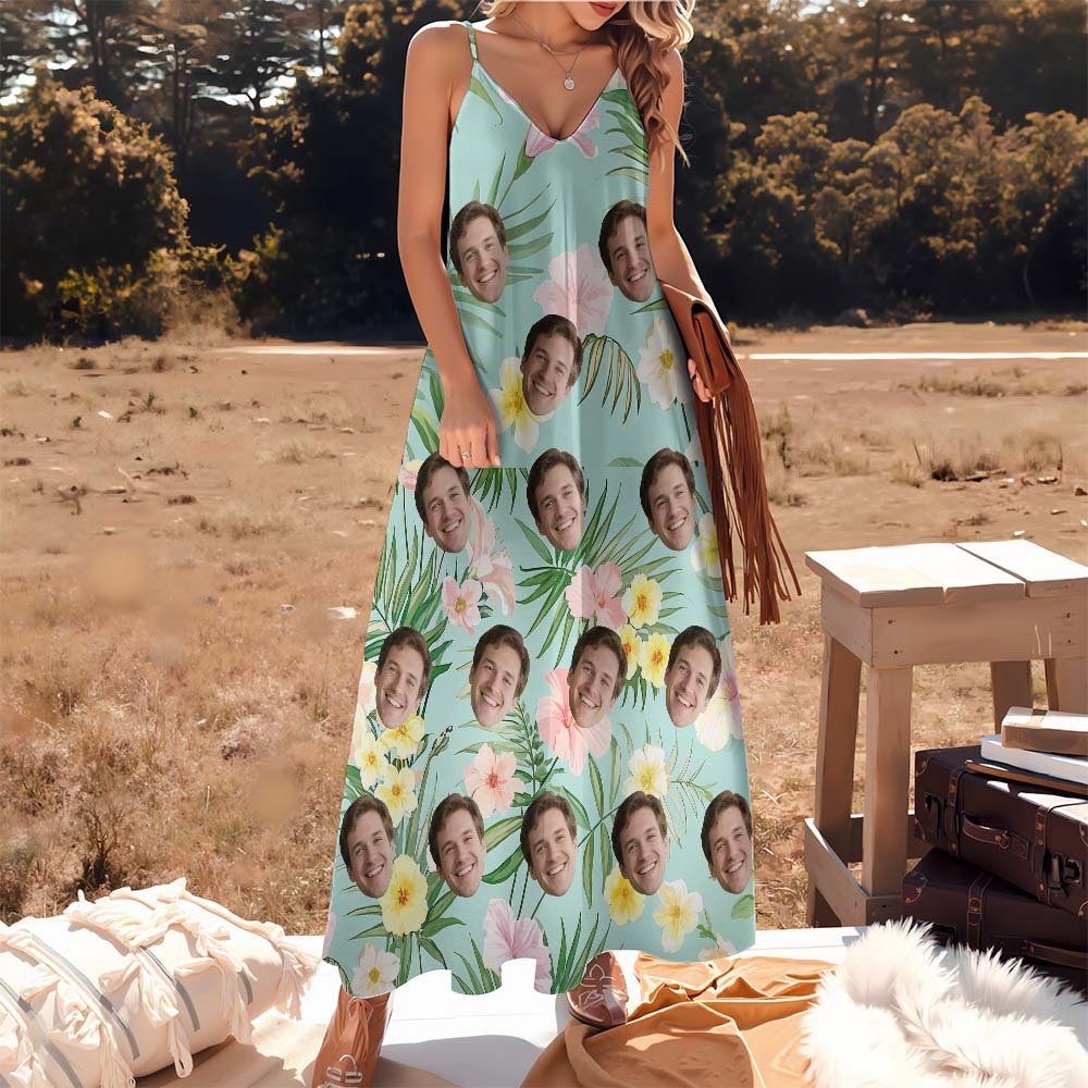 Personalized Pink Leaf Flamingo Long Dress Custom Face Photo Shirt for Women Summer Vacation Outfit - MyFaceSocksAU