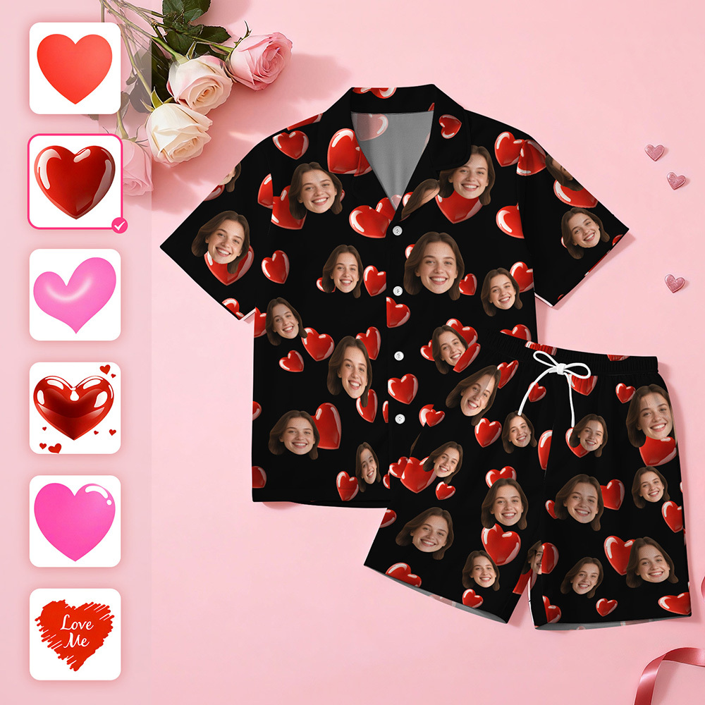 Custom Face Short Sleeve Pajamas Personalised Heart Face Couple Sleepwear Valentine Love Gifts For Her - MyFaceSocksAU
