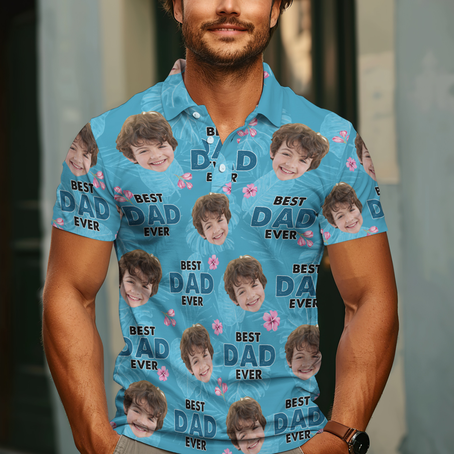 Custom Face Polo Hawaiian Blue Golf Polo Shirt Dad Beard Men's Polo Shirt Fathers Day Gift - MyFaceSocksAU