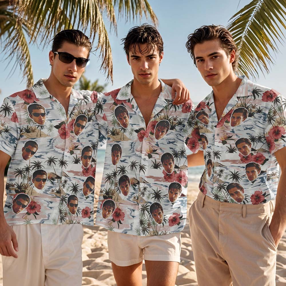 Custom Face Hawaiian Shirt  Pink Flamingo Blue Hawaiian Shirt Tropical Men Summer Face Gift - MyFaceSocksAU