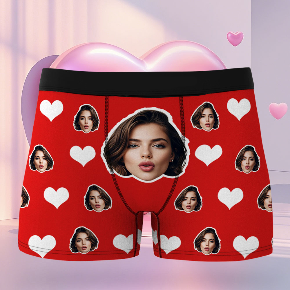 Custom Men's Face Boxer Red Heart Boxers Face Boxer Briefs Personalized Face Boxer Briefs Valentine's Day Underwear Gift