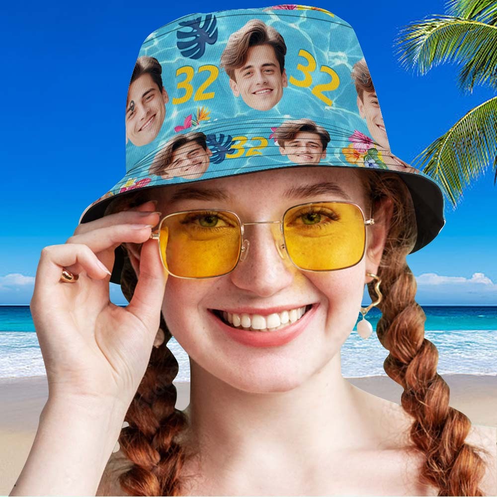 Custom Face Birthday Pink Bucket Hat Unisex Face Personalized Outdoor Summer Age and Birthday Hawaiian Hats Gift - MyFaceSocksAU