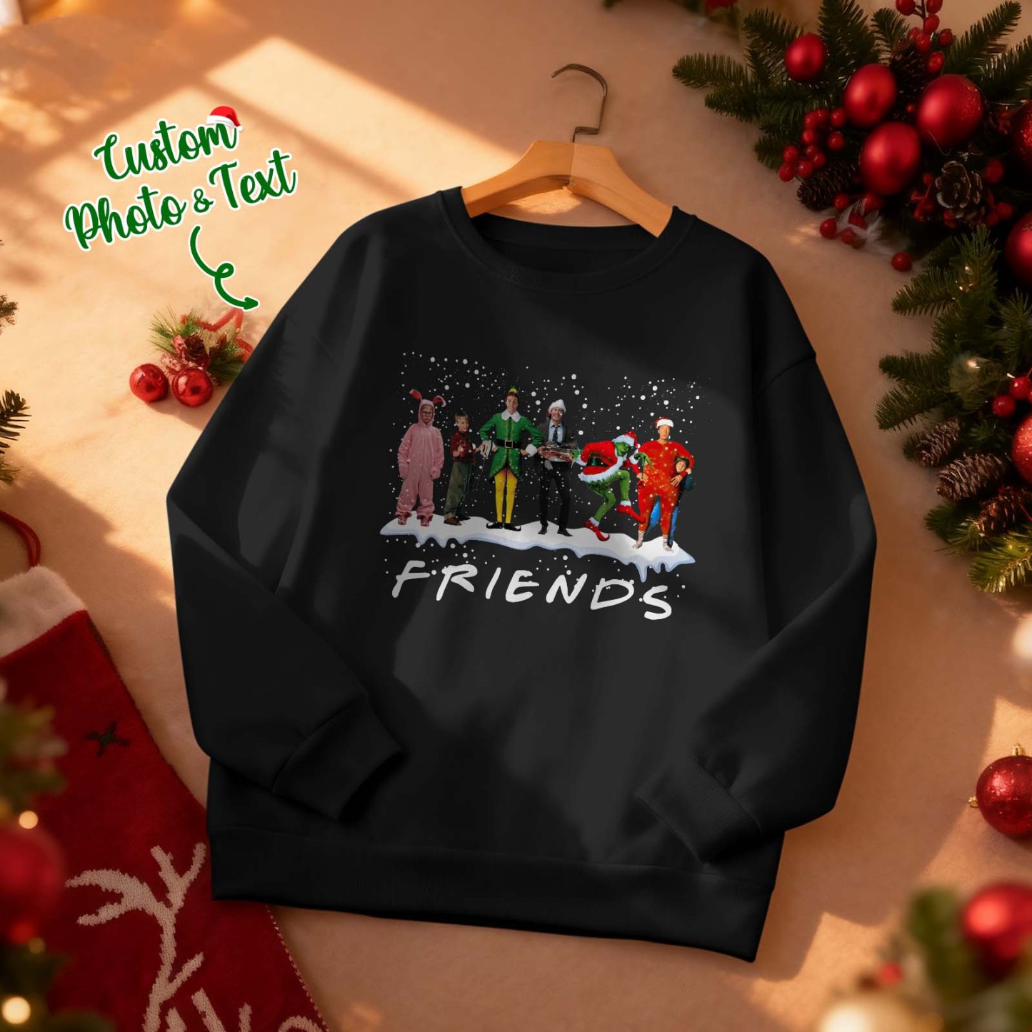 Custom Face Round Neck Hoodie Custom Face Retro Vintage Portrait Christmas Sweatshirt Memory Gift - MyFaceSocksAU