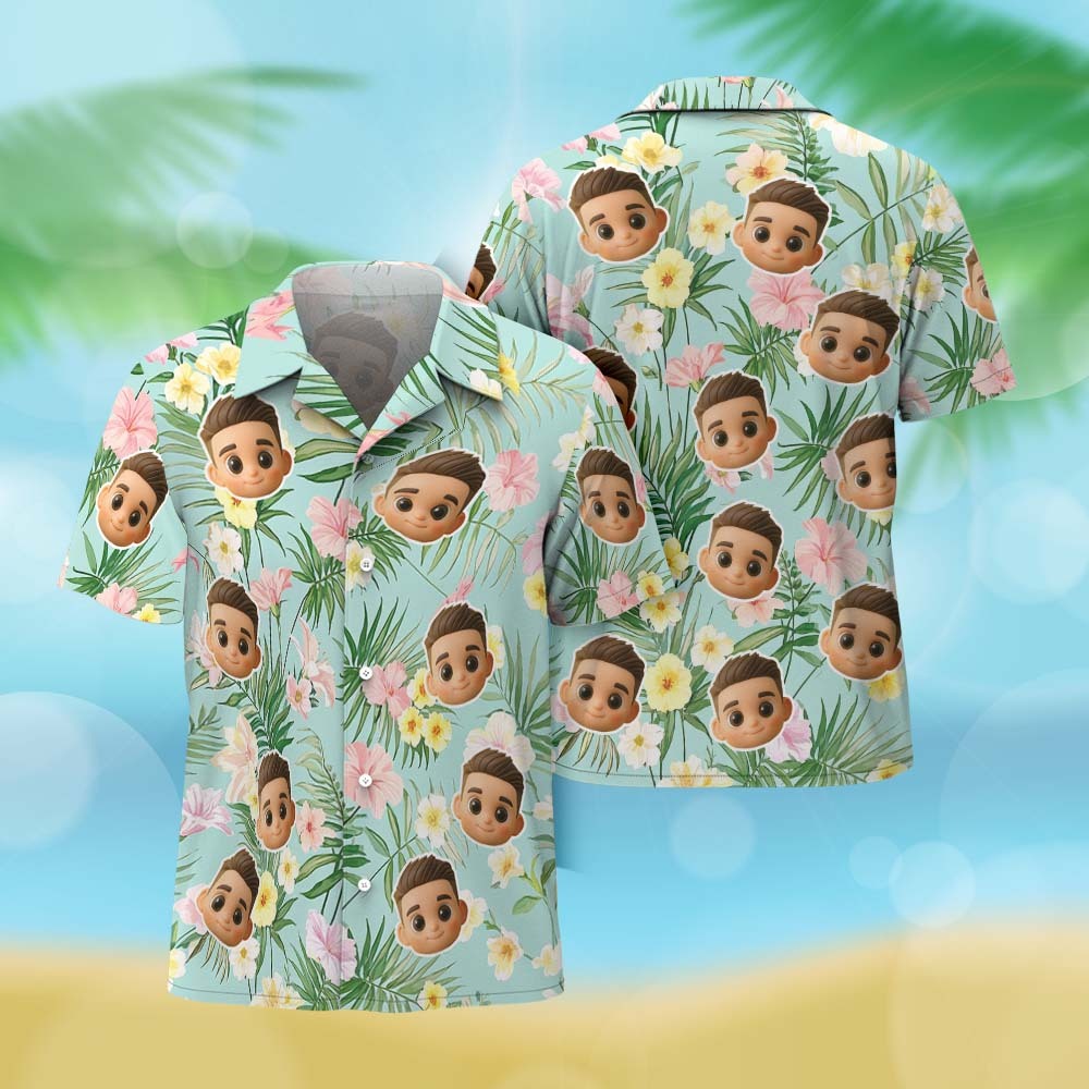 Custom Cartoon Face All Over Print Hawaiian Shirt Flamingo Flowers And Leaves - MyFaceSocksAU