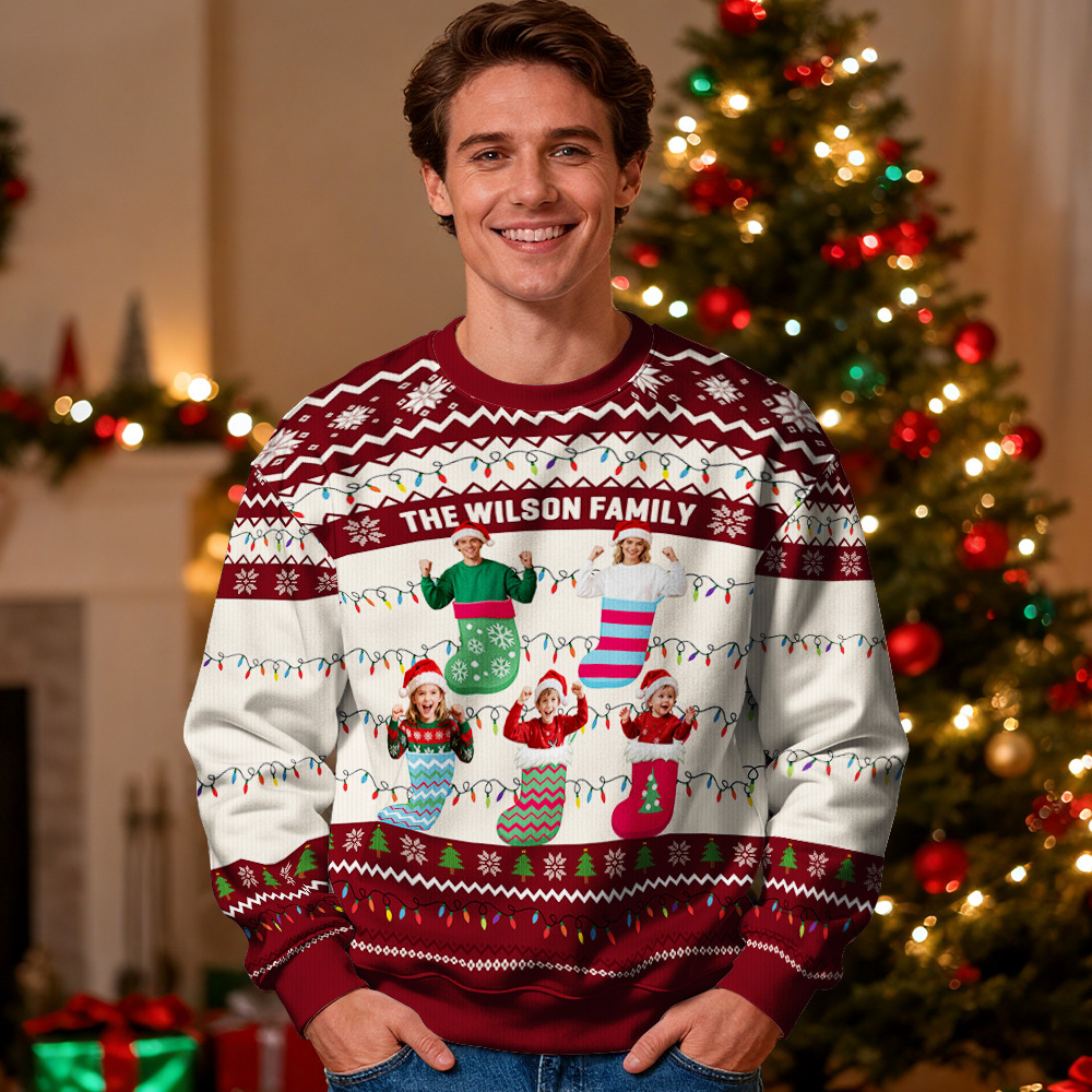 Custom Face Round Neck Hoodie Personalized Custom Photo Christmas Gifts For Family Ugly Sweater Xmas Leds Unisex Hoodies - MyFaceSocksAU