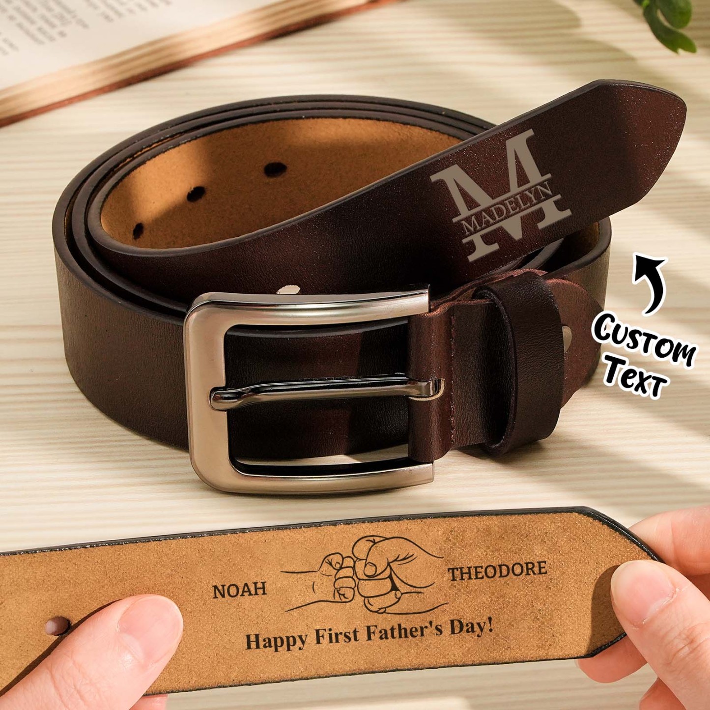 Personalised Engraved Name Leather Belts Fist Bump Gifts for Him Dad