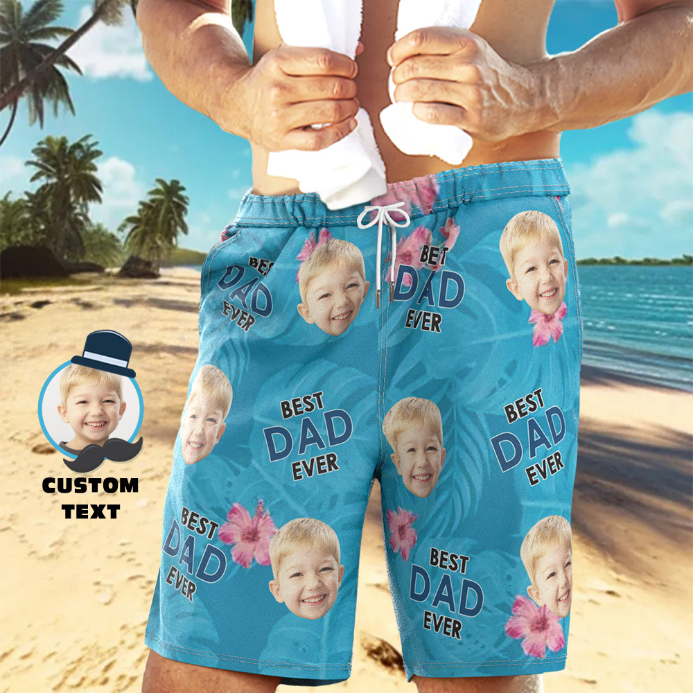 Personalized Face Mens Swim Trunks Custom Text Just A Dad and His Girl Tropical Swim Shorts for Dad - MyFaceSocksAU