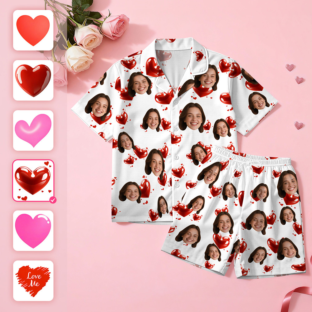 Custom Face Short Sleeve Pajamas Personalised Heart Face Couple Sleepwear Valentine Love Gifts For Her - MyFaceSocksAU